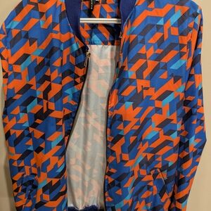 Vibrant Geometric Bomber Jacket - Blue and Orange